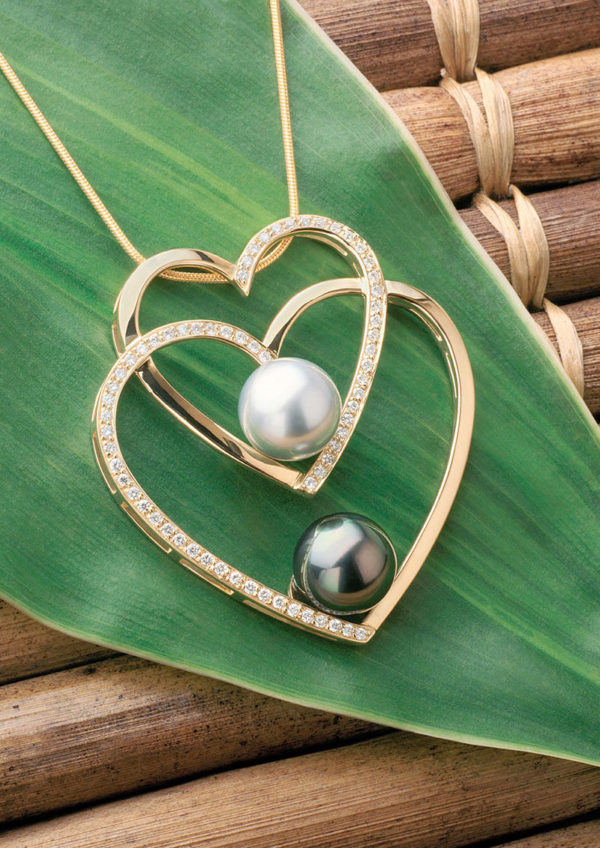 Tahitian Pearls with 18Kt yellow gold diamond double heart pendant