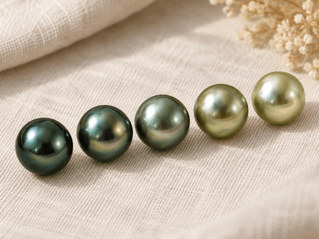 Natural green and pistachio Tahitian pearls arranged from deep green to pale pistachio